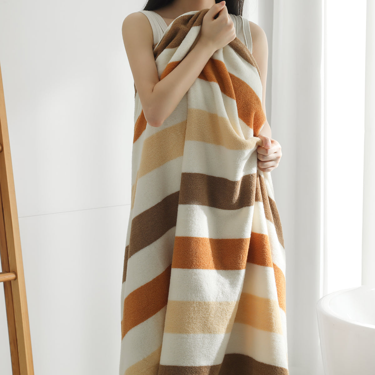 Striped Cotton Bath Towel – Oversized Absorbent Beach & Bath Towel